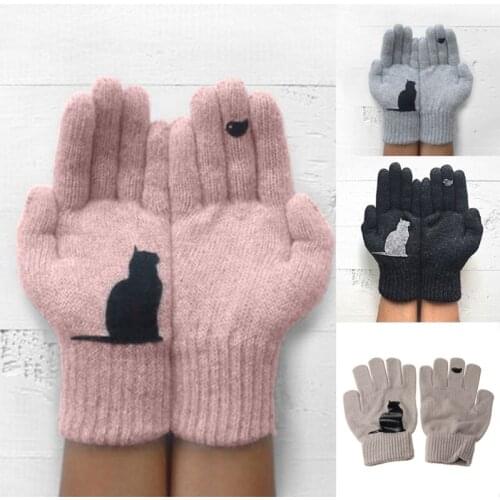 Womens Winter Faux Wool Thick Knitted Gloves Funny Creative Cartoon Cat Bird Irregular Patchwork Palm Outdoor Mittens Hand