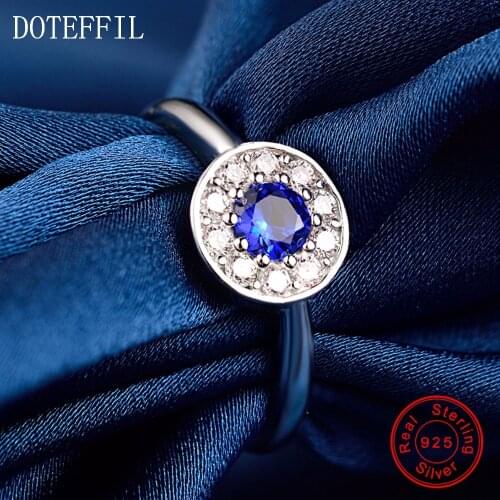 Edge of love 100% Sterling Silver Woman Rings High Quality Charm Round Blue Zircon Rings Jewelry