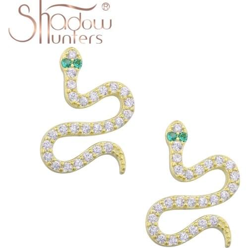 SHADOWHUNTERS Authentic 925 Sterling Silver Snake Stud Earrings With Green Eyes Stone For Women Sterling Silver Jewelry Gift New