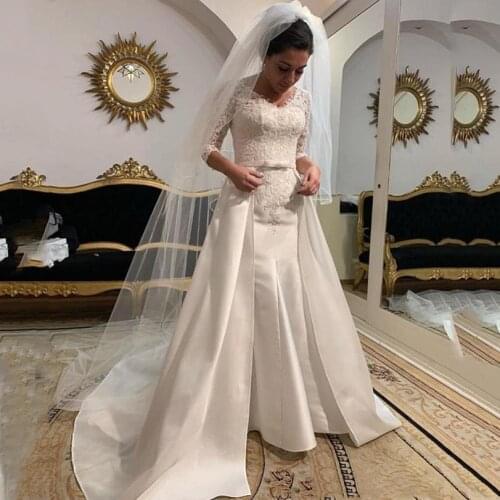 3/4 Long Sleeves Lace Mermaid Wedding Dresses with Appliques Detachable Sweep Train Lace Up Back Satin Bridal Gowns