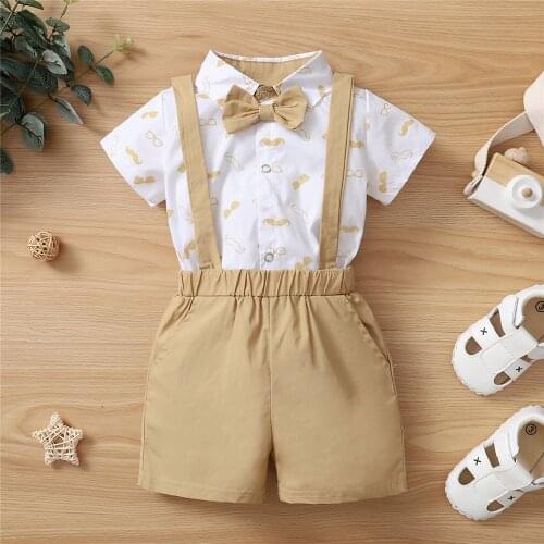 3 Color Newborn Baby Boys 2Pcs Set Beard Print Short Sleeve Lapel Neck Shirt Rompers+Solid Color Suspender Shorts 0-18 Months