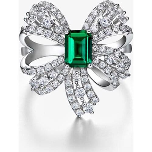925 Sterling Silver Ring Luxury Brand Emerald High Carbon Diamond Bowknot Rings For Women Sparkling Wedding Party Fine Jewelry