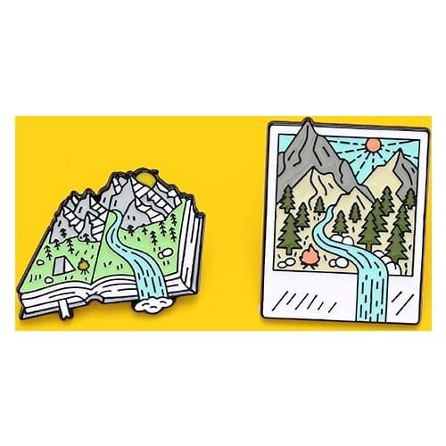 Mountain Forest Photo Picture Book Camping Enamel Pins Photo Frame Brooch Bag Clothes Lapel Pins Badge Jewelry Gift for Friends
