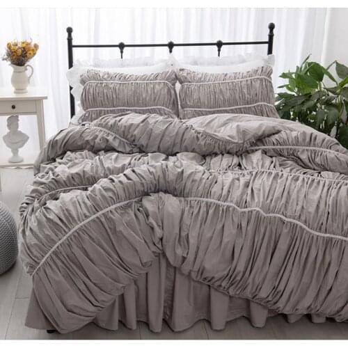Free shipping cotton Korean princess wave ruffles khaki gray bedding set twin full queen king size постельное белье с рюшами YYX