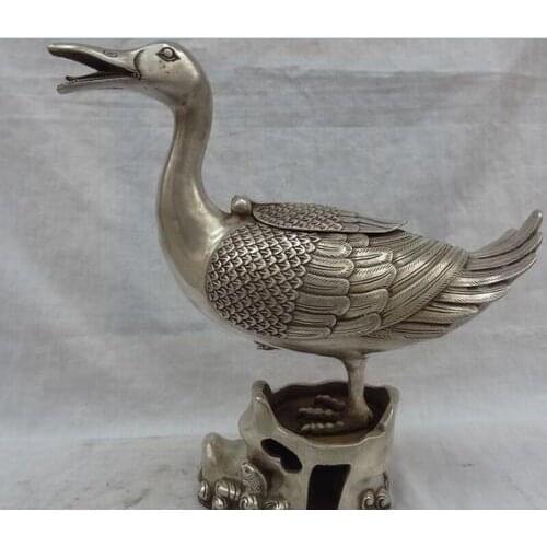 Decoration copper silver factory outlets 11" Chinese Silver Duck Head On Wealth Fish Statue Incense Burner Censer Holder