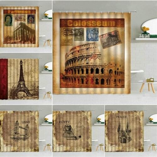 Europe City Ancient Architecture Stamp Shower Curtain Rome London Egypt Famous Attraction Bathroom Decor Retro Building Curtains