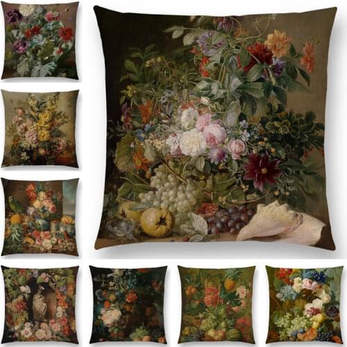 Classical Flowers and Plants Still Life Floriculture Vase Leaf Fruits Oil Painting Art Decorative Cushion Cover Pillow Case