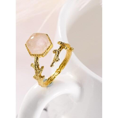 One deer silver S925 pure silver gilded inlaid natural powder crystal sweet temperament, open silver ring ring wholesale