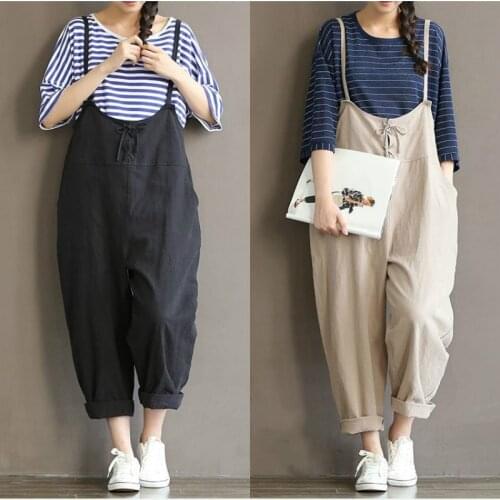 2020 New Women Loose Casual Lace Up Long Trousers Jumpsuit Overalls Linen Cotton Romper Backless Playsuit Wide Leg Pants