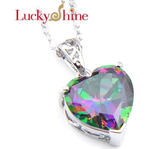 Luckyshine 12mm Women Pendants Love Heart Rainbow Crystal Cubic Zirconia Pendants Silver Wedding Jewelry Pendant +Chain
