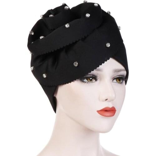 Fashion Women Flowers Muslim Turban Bonnet Inner Hijabs Solid Cotton Indian Wrap Hijab Caps With Drill Islamic Headdress