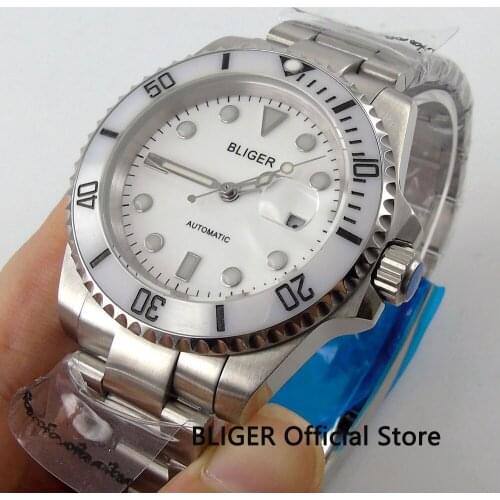 Dress Sapphire Glass BLIGER 43MM White Dial Ceramic Bezel Luminous Marks Stainless Steel Case Automatic Movement Mens Watches