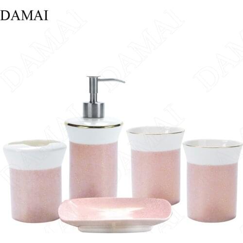 Creative Pink Flow of Gold Bathroom Accessories Set Ceramic Nordic Modern Household Five Piece Set Shower Accessories Organizer