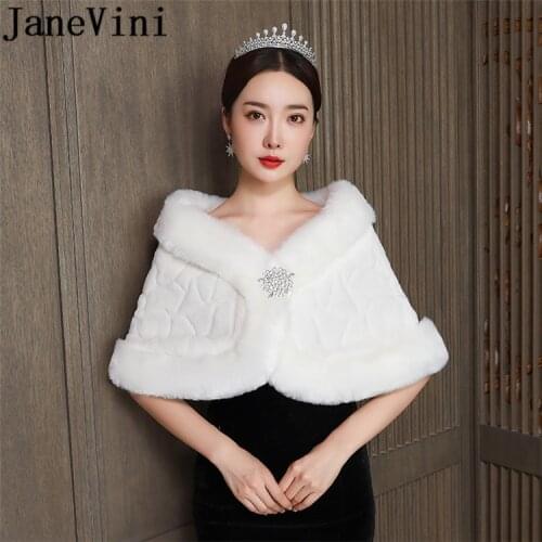 JaneVini Cheap Ivory Beaded Fur Bolero Fourrure Faux Fur Wedding Cape Bridal Shawls Wraps Shoulder Cover Bride Winter Stoles
