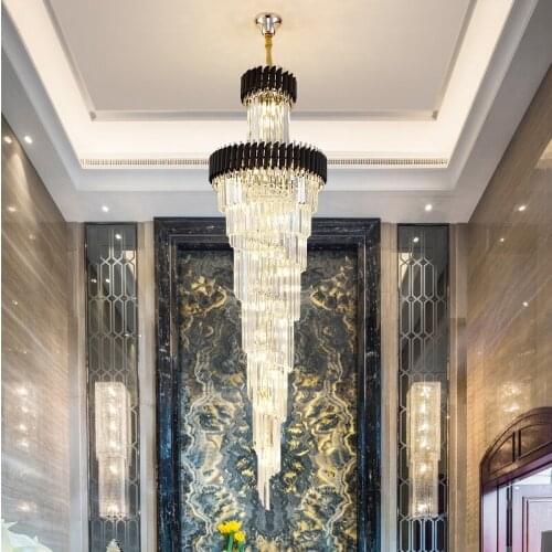 Luxury Rotating Long Crystal Chandelier Light Fixtures Stair Chandelier Lighting Modern Crystal Lamp Hotel Villa Gold Chandelier