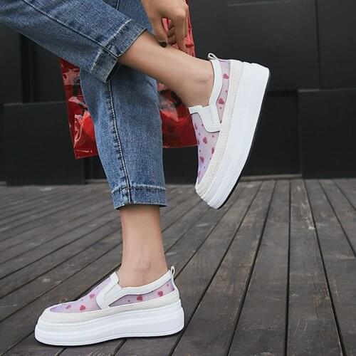 EshtonShero Women Pumps Shoes Platform Cow Leather Mesh Woman Med Heels Round Toe Polka dot Black Ladies Casual Shoe Size 3-9