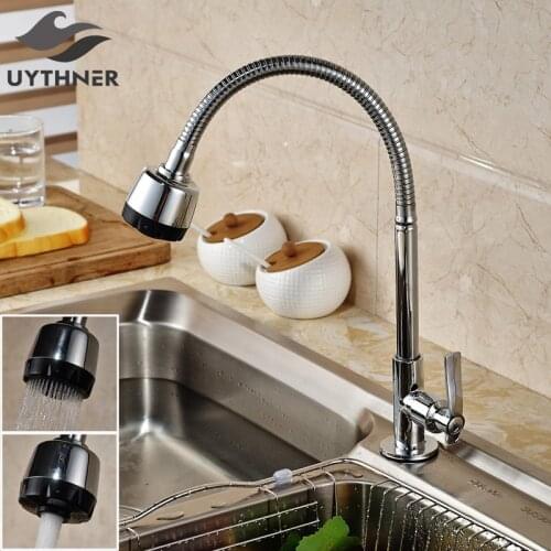Uythner Brass Chrome 2 Functions Outlet Kitchen Sink Faucet Single Cold Water Tap 360 Degree Rotating Mixer Tap