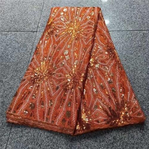High Quality orange African Nigerian Sequins Tulle Lace Fabric Embroidery Gauze Guipure Wedding Party Dress Fabric For Sewing