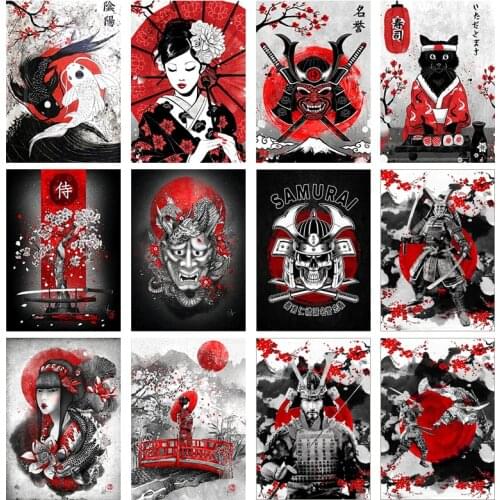 Japanese samurai canvas painting geisha and yin and yang fish wall art posters and pictures for living room bedroom decoration