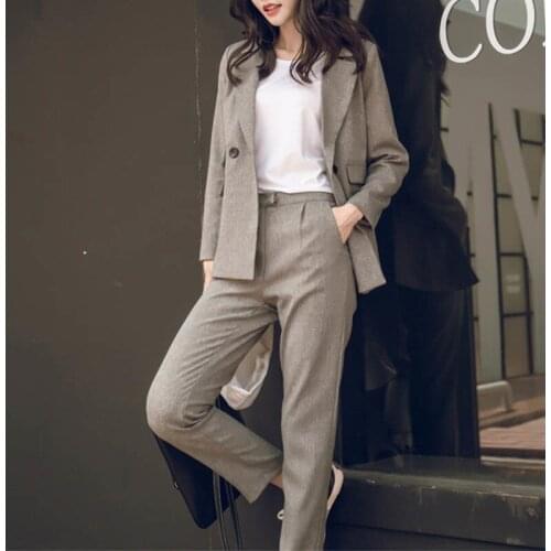 Two Piece Set Women Korean Style Gray Blazer Coat High Waist Pants Suit Office Lady Jacket Pant Femme Casual Sets Womens Outfits