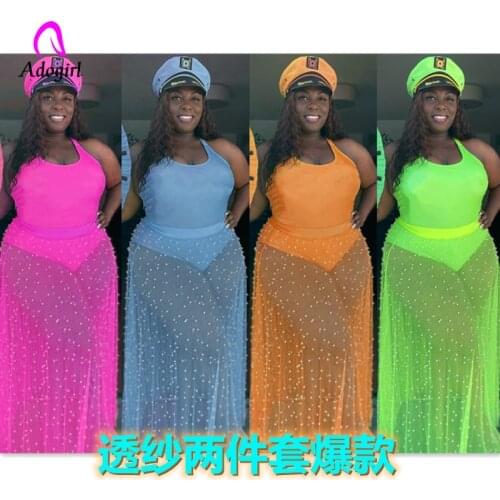 Beading Women Skirt Set Neon Solid Skinny Bodysuit + See Through Mesh A Line Skirt 2021 Summer Sexy Beach Bathing Suit Plus Size
