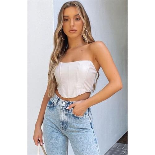 Womens Solid Color Tube Tops Summer Crop Tops Off Shoulder Ribbed Irregular Hem PU Leather Corset for Female