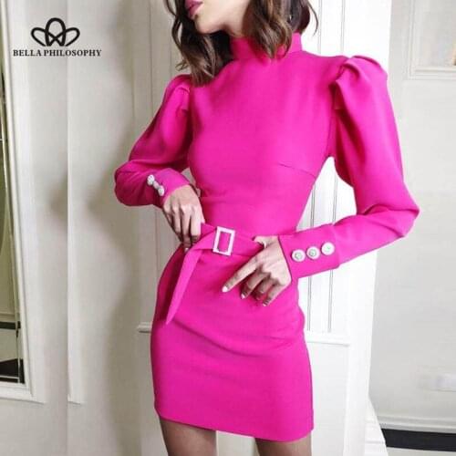Bella philosophy Puff shoulder long sleeve dress women Turtleneck solid belt mini dress Lady back zipper bodycon party dress