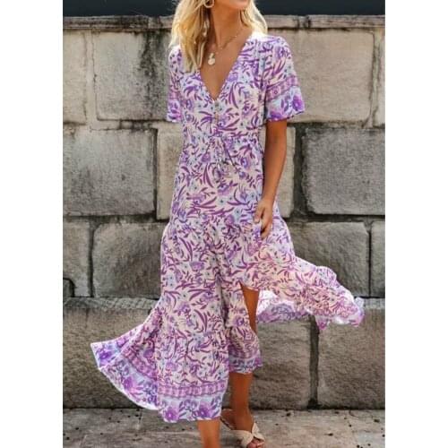 Happie Queens women purple Floral print beach Bohemian rayon maxi dresses Ladies V neck botton Boho pleated dress vestidos