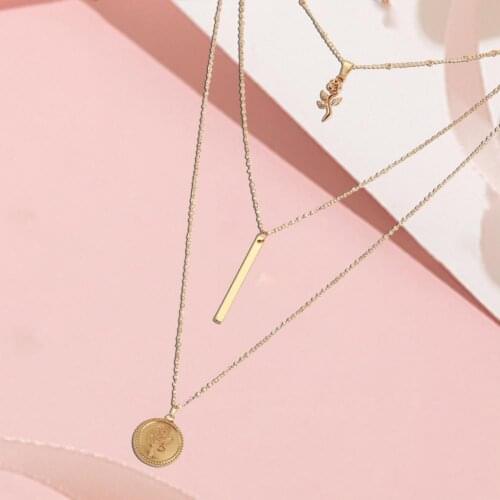 New Vintage Women Bohemian Style Necklace Rose Flower Coin Pendant Girl Multi-layer Necklace Jewelry Accesories Gift