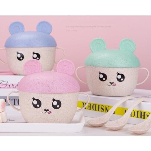2Pcs/Set Baby Feeding Food Tableware Wheat Cartoon Kids Dishes Children Eating Dinnerware Set Anti-hot Plate Training Bowl Spoon