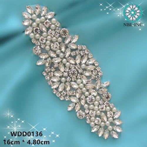 30PCS) Silver pearl rhinestone appliques clear crystal applique iron on for wedding dresses WDD0136