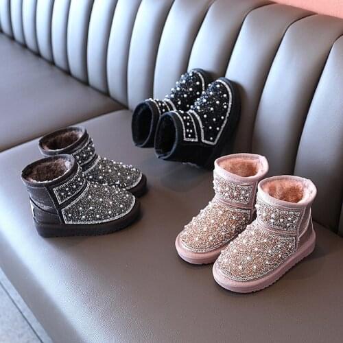 2021 New Winter Children Snow Boots Leather Pearl Girls Boots Plush Boys Warm Shoes Fashion Kids Boots Baby Toddler Shoes