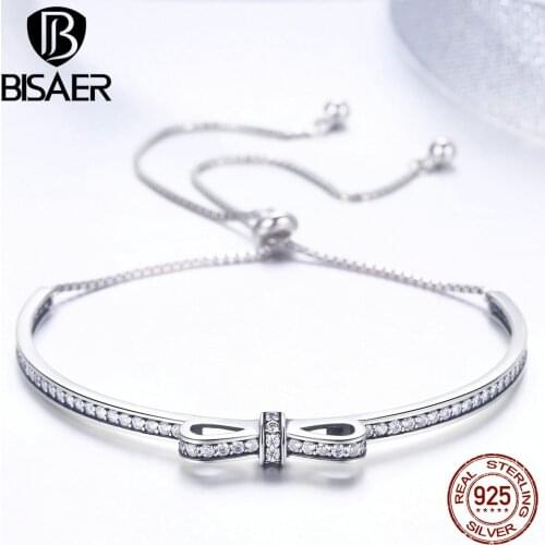 BISAER 925 Sterling Silver Bowknot Tennis Bangles Bracelets for Women Clear CZ Bowknot Sterling Silver Jewelry Pulseira ECB108