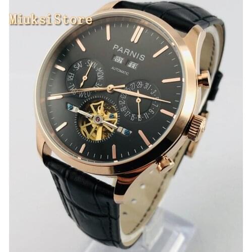 Parnis new 43mm rose gold case black dial date leather strap waterproof automatic mens top multifunction mechanical watch