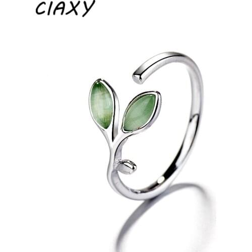 CIAXY 925 Sterling Silver Green Leaf Rings Handmade Creative Female Trendy Resizable Opening Rings Personality Jewelry Anillos