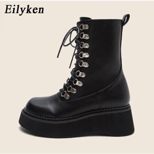 Eilyken New Brand Solid Color Lace-Up Ankle Boots Strap Sexy Winter Women Black Zipper Thick Bottom Wedges Party Wedding Shoes