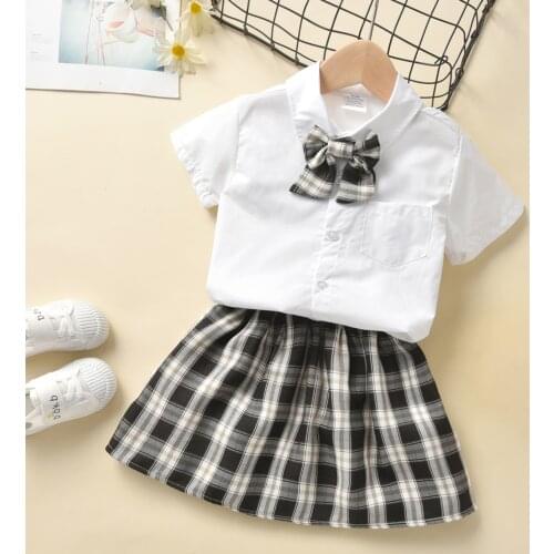 FOCUSNORM 1-6Y Summer Lovely Kids Girls Clothes Sets 2pcs Single Breasted Shirts Bow Tie+Plaid Printed A-Line Skirts