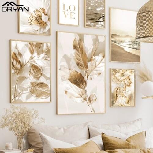 Golden Leaves Flower Stamen Plant Prints and Posters Love Quote Beach Ocean Canvas Painting Nordic Landscape Picture Home Decor