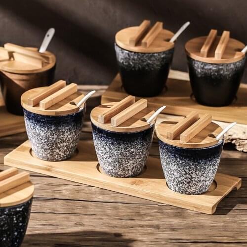 Ceramic Condiment Barrel Shape Spice Jar with Bamboo Lid Sauce Pot Set Salt Pepper Shaker Seasoning Spray Cooking Kitchen Tool