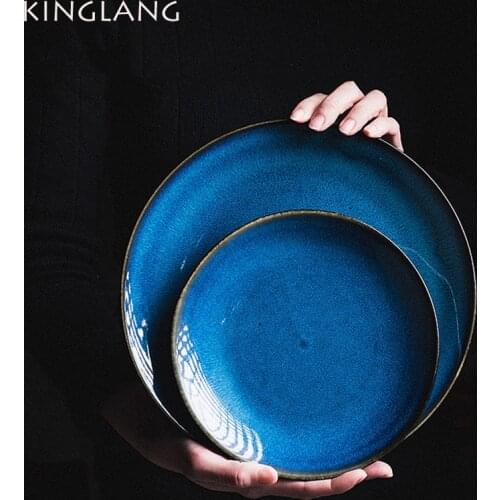 KINGLANG Japanese Blue Kiln Glazed Ceramic Plate Round Main Dinner Dish Party Plate Display