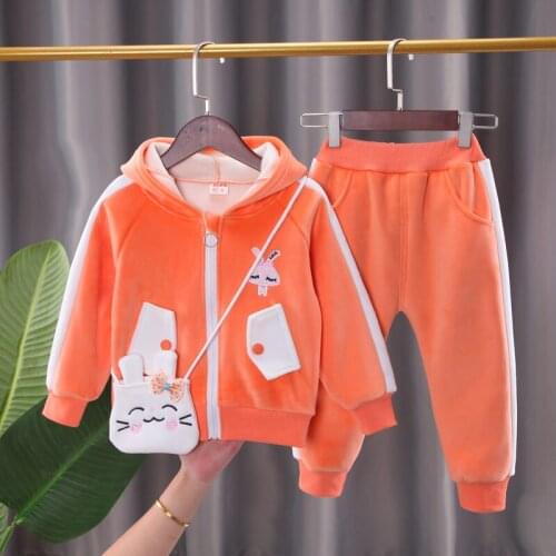 NEW Winter Kids Cloth Baby Cartoon Cat Warm Clothing Sets Suits Baby Girls Thicken Coat Pants Outfits Clothing Velvet Tracksuits