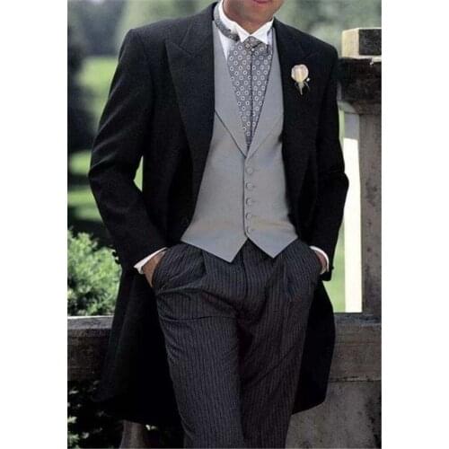2019 Latest Black Jacket Stripe Pant Grey Mens Suits 3 Pieces Swallow Tail Coat Terno Msculino Wedding Groom(Jacket+Pant+Vest)