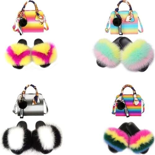 New Arrival Fluffy Fur Slides And Purse Set Women Plush Flip Flops Fur Slippers And Handbag Bag Set Vendor Ladies Sandals Shoes