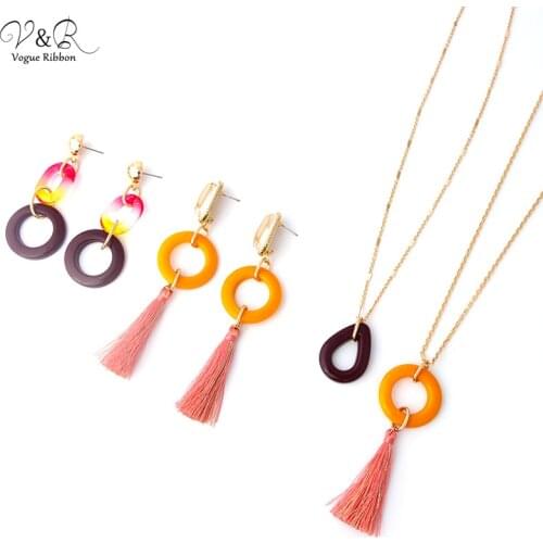 2020 New Arrival DIY Handmade Jewelry Making 925 Sterling Silver Post Tassel Frange Acrylic Charm Pendent Necklace & Earring Set