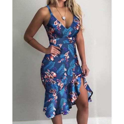 Beach Print Dresses for Women 2021 Sexy V-neck Sleeveless A-Line Dress Summer Women Casual Dresses Blue Woman Dress Vestidos