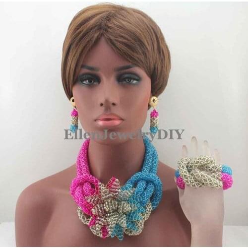 Luxury Big Flowers Hot Pink/Sky Blue Crystal Necklace Nigerian Wedding African Beads Jewelry Set W13373