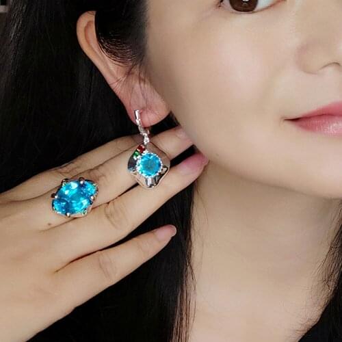 Big Blue Zirconia Earrings Ring sets Fashion white 2 Tone plated Jewelry Womens Jewellery Beautiful 2pcs set