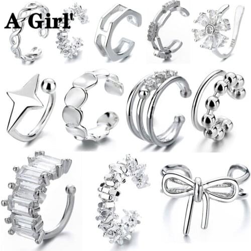 A Girl' 1-piece Multilayer Line Zircon Clip On Earrings for Women Geometric Silver Color Ear Cuff Without Piercing Jewelry