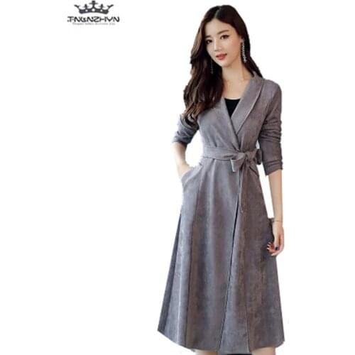 Tnlnzhyn 2019 Spring Autumn Women Faux Suede Trench Coat Fashion Belt Slim Windbreaker Coat Medium long Outerwear Y975