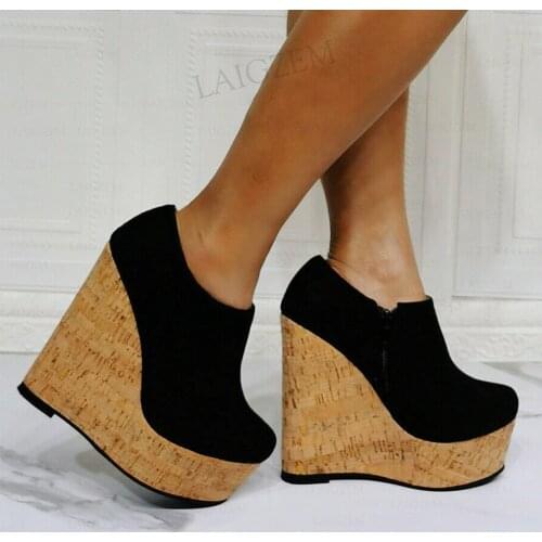 SEIIHEM Women Short Boots Platform Wedges Side Zip Faux Suede Black Booties Height Increase Lady Shoes Woman Large Size 43 48 52